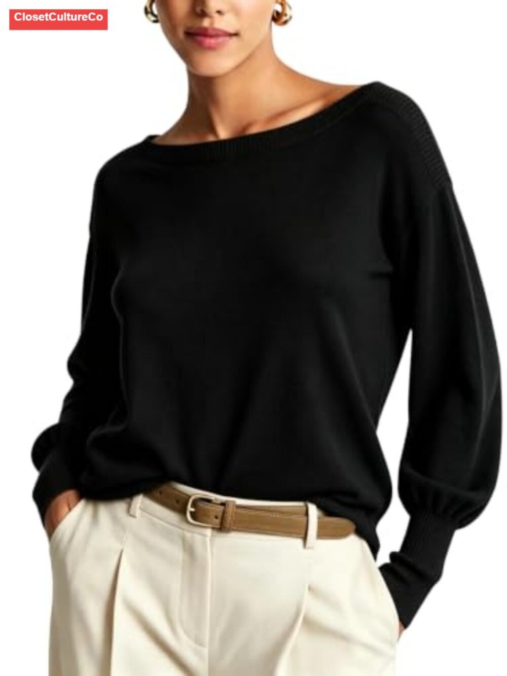Women's Boat Neck Lantern Sleeve Knit Pullover Sweater